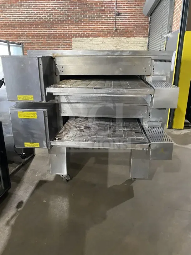 Middleby Marshall PS570S double deck conveyor pizza oven, stainless steel, natural gas, 208/240V, on casters, commercial use.