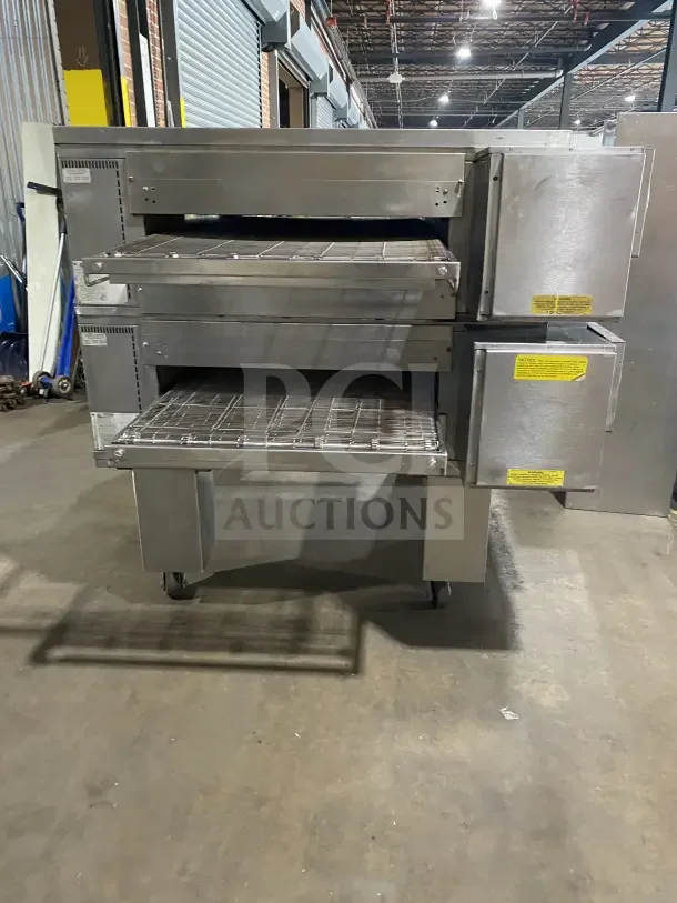 Middleby Marshall PS570S double deck conveyor pizza oven, stainless steel, natural gas, on casters, model SN: 131610100.