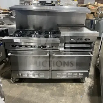 Sunfire stainless steel gas range with 6 burners, side griddle, 2 ovens, and wire rack on casters. Commercial use.