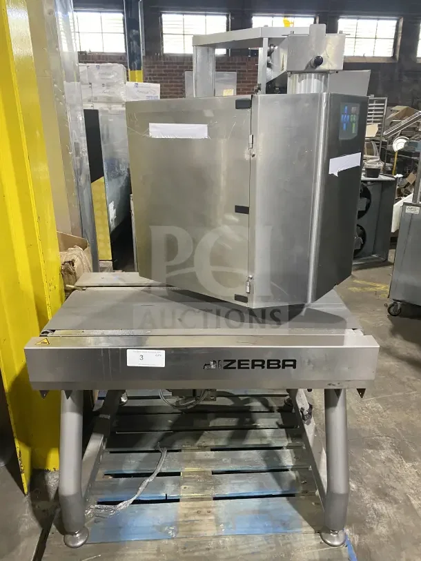 Bizerba commercial stainless steel weigh price labeling machine with digital push controls, mounted on legs; industrial setting.