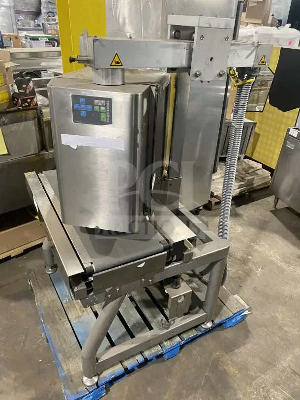 Bizerba commercial stainless steel weigh price labeling machine, electric powered, digital push controls, on legs.