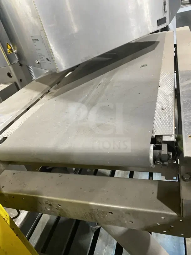 Bizerba commercial stainless steel weigh price labeling machine with digital push controls, on legs. Visible wear.