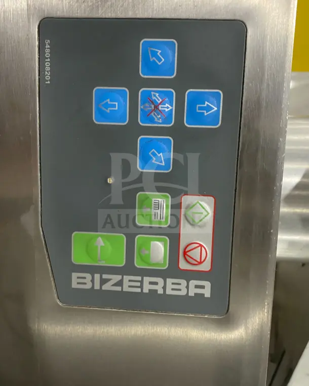 Bizerba stainless steel electric weigh price labeling machine with digital push controls. Model 5480108201.