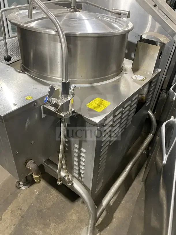 Cleveland KGL40T 40 Gal. stainless steel tilting steam kettle, natural gas, with swivel spout faucet, on legs, used.