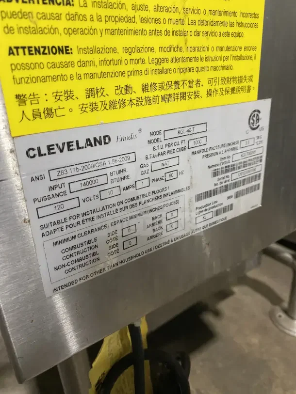 Cleveland Range Enodis 40 Gal. steam kettle, stainless steel, model KGL-40-T, natural gas, with swivel spout faucet, 120V, serial #120123051590.