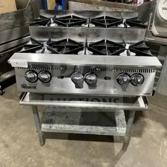 UltraMax 806HA stainless steel 6-burner gas hot plate on a stand, excellent condition, durable for commercial use.