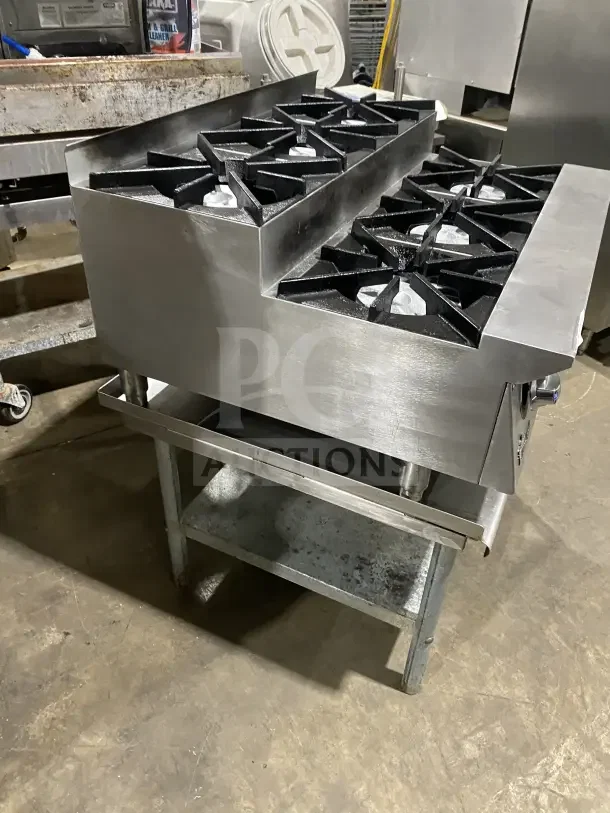 UltraMax 806HA 36" stainless steel gas-powered 6-burner countertop hot plate with equipment stand, commercial grade.