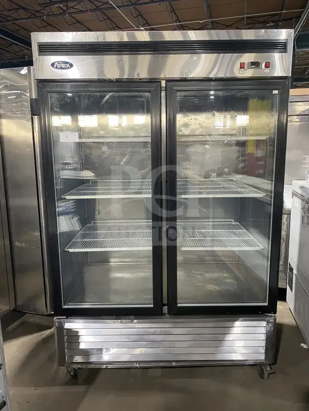 Atosa B Series MCF8707 commercial refrigerator, dual glass doors, stainless steel, poly-coated wire racks, on casters.