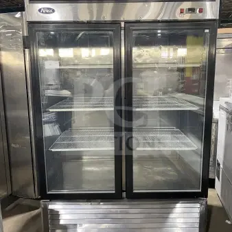 Atosa B Series MCF8707 commercial refrigerator, dual glass doors, stainless steel, poly-coated wire racks, on casters.