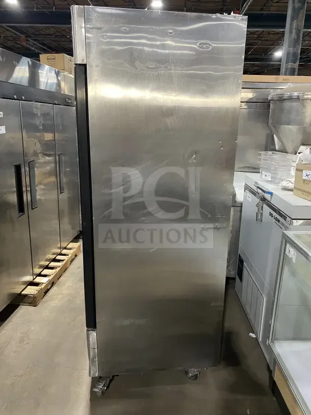 Atosa B Series Commercial Stainless Steel Double-Glass Door Refrigerator, Model MCF8707, on casters, in good condition.