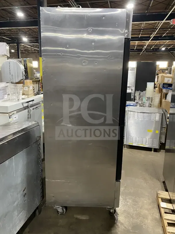 Atosa B Series commercial stainless steel merchandiser refrigerator, model MCF8707, on casters, side view.
