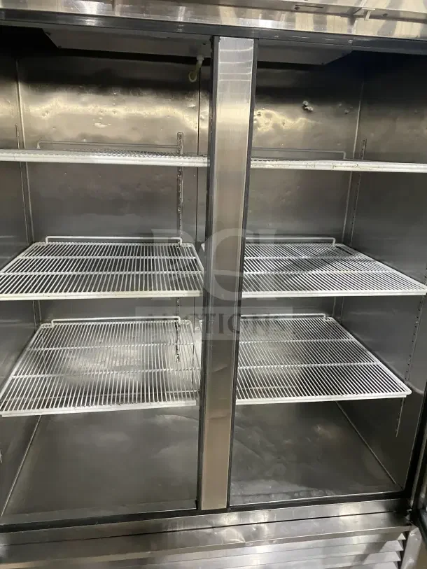 Atosa B Series MCF8707 commercial fridge, stainless steel, double-glass doors, poly coated racks, on casters, 115V, 1 Phase.