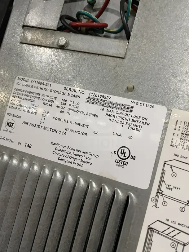 Manitowoc IY1106A-261 ice maker label showing model, serial number 1120168527, 208-230V, 1 phase, UL listed compliance.