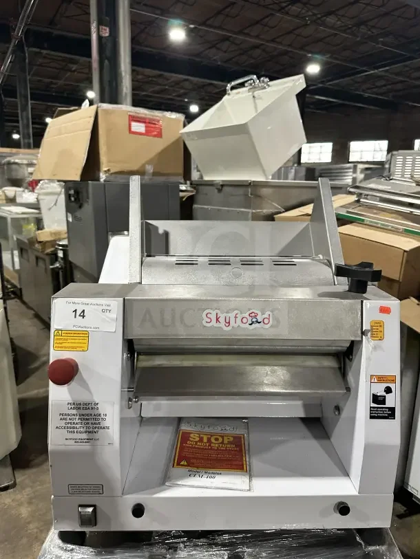 Skyfood CLM400 commercial dough roller, 2018 model, 16" single pass, countertop, white, 110V. Serial: 268727000279.