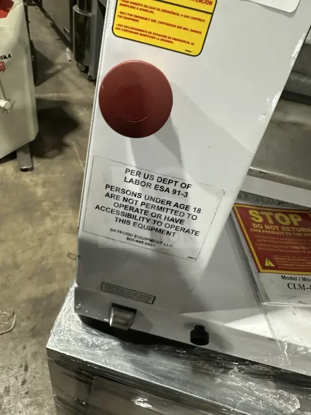 Skyfood CLM400 dough roller, 2018 model, 16" countertop, single pass, white, 110V; visible warning labels and safety instructions.