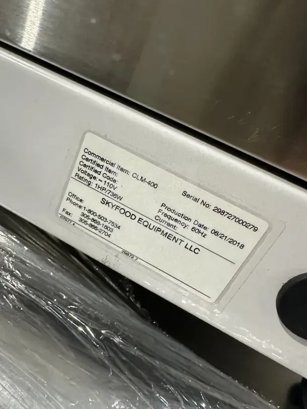 2018 Skyfood CLM-400 16" countertop dough roller, single pass, 110V, model and serial label visible, excellent condition.