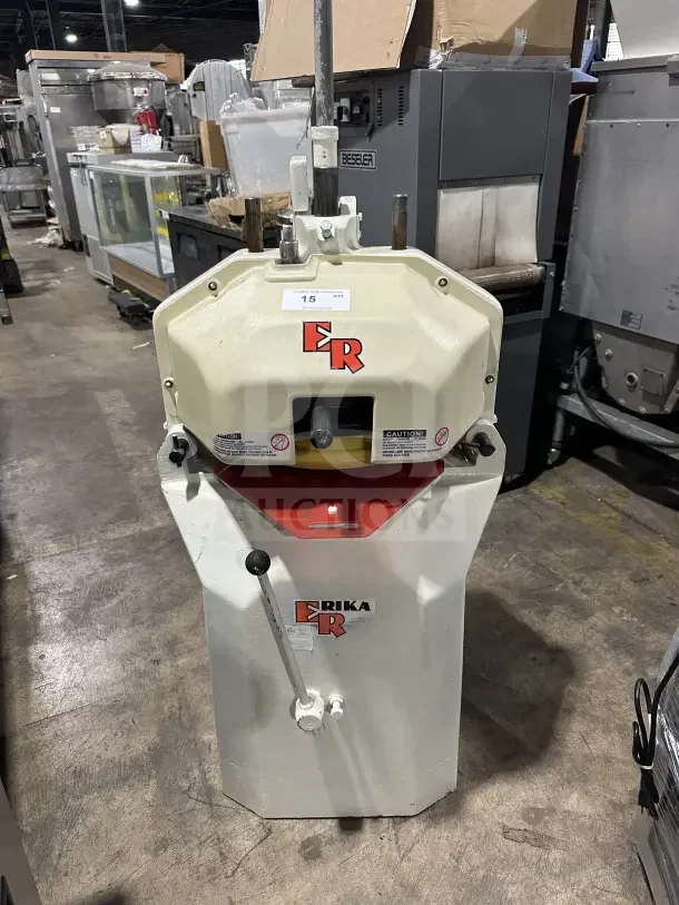 Erika Model Q2 commercial dough press/divider/rounder, white, 220V, serial number 14031, good condition, visible brand logo.