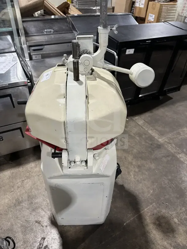 Erika Q2 commercial countertop dough press, divider, and rounder in white. Model SN: 14031, 220V. Shows slight wear.