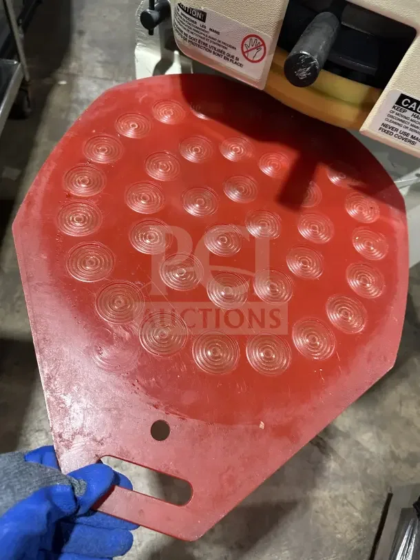 Erika commercial countertop dough press divider rounder, model Q2, SN: 14031, 220V. Red plate with handle.