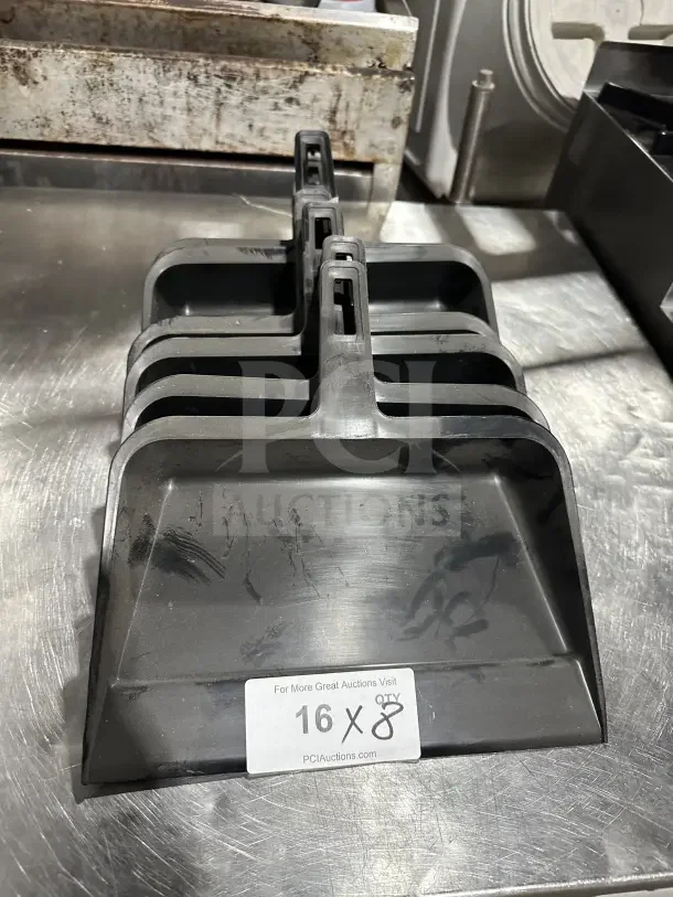 New Continetal heavy-duty black plastic ice scoops on stainless steel surface, set of eight, pristine condition.