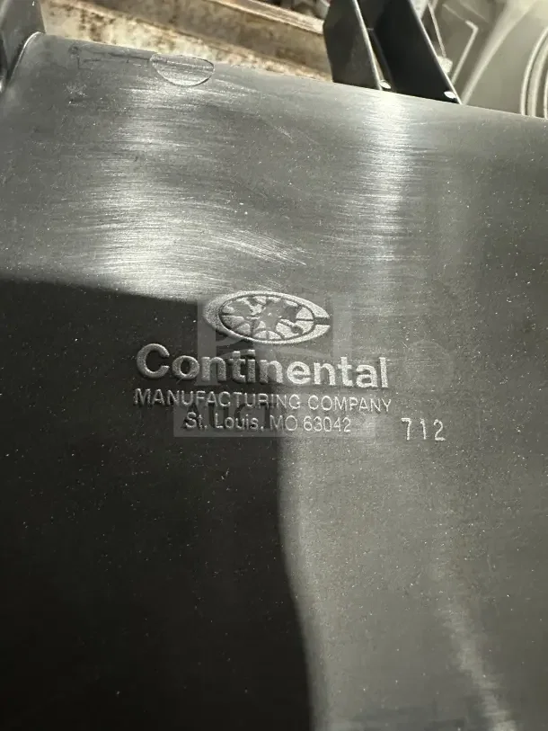 Heavy-duty black plastic ice scoops by Continental, new condition, on stainless steel. Marking: "Continental Manufacturing Company, St. Louis, MO 63042, 712."
