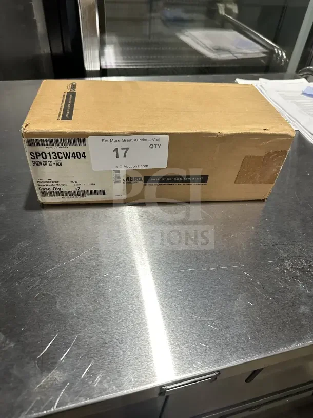 Box of 12 Camwear 13" red plastic spoons. Model SPO13CW404. New condition. Serial Number: RT15697001001.