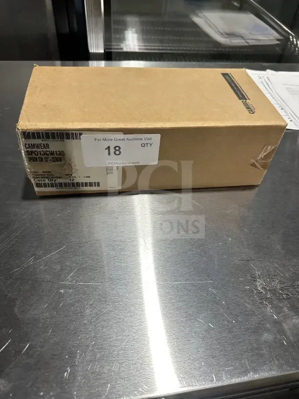 Box of 12 Cambro Camwear 13" polycarbonate deli spoons, model SPO13CW135. New in original packaging, labeled with specs.
