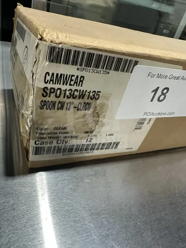 Box of 12 Cambro Camwear Series 13" polycarbonate clear solid deli spoons, Model SPO13CW135, new condition.