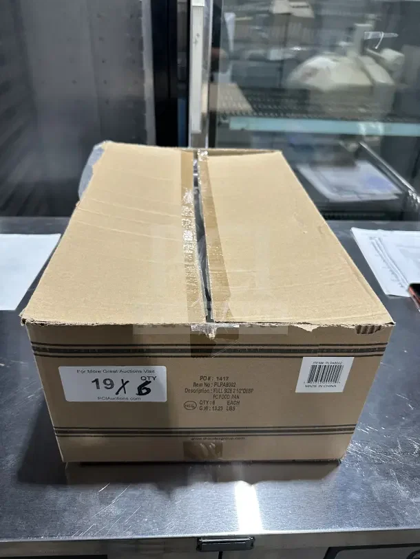 Cardboard box containing brand new Thunder Group PLPA8002 clear polycarbonate full size 2-1/2" deep food pan, 6 units.