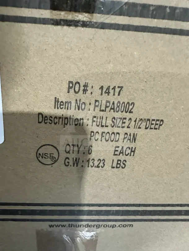 Brand new Thunder Group PLPA8002 full-size polycarbonate food pan, 2.5" deep. NSF certified, set of 6, packed 13.23 lbs.