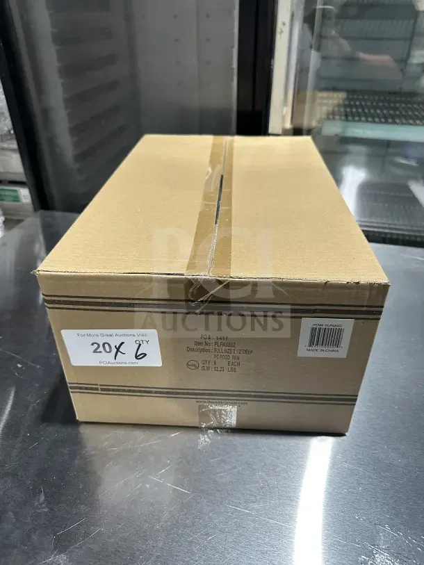Thunder Group PLPA8002 full-size food pan, new in box. Clear polycarbonate, 2-1/2" deep, set of six, commercial quality.