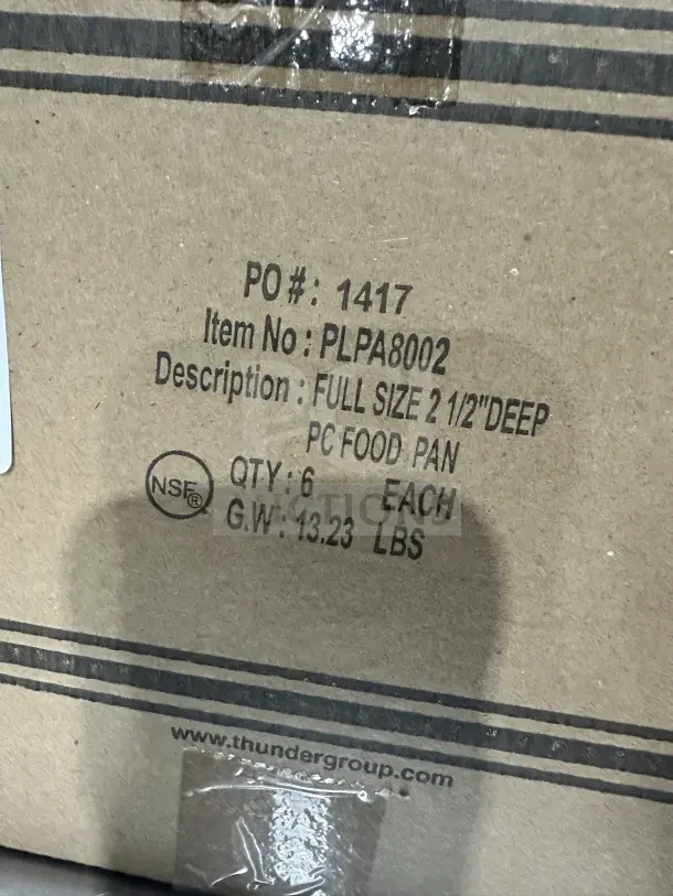 Clear polycarbonate food pan packaging by Thunder Group, Model PLPA8002, full size, 2.5" deep, NSF certified, 6 units.
