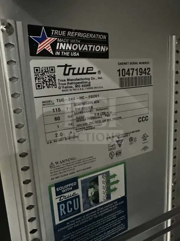 True TUC-24G-HC~FGD01 stainless steel undercounter refrigerator, model details and label, 115V, single phase.
