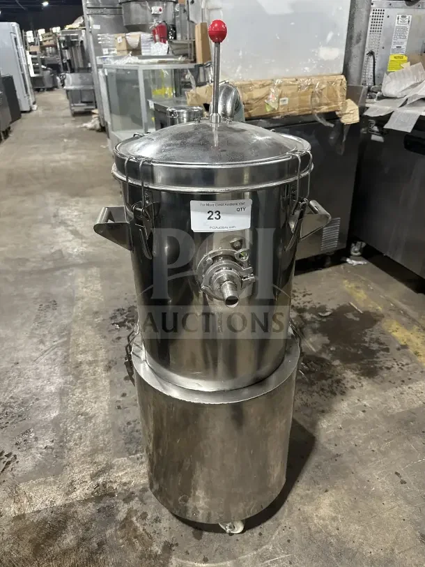 Stainless steel commercial kettle with lid and red-handled lever; markings suggest industrial use. Good condition.