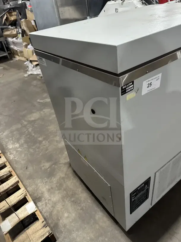 So-Low Model C855 Ultra-Low Temp Chest Freezer, commercial white, 115V, 1 Phase, serial number 20211693, in used condition.