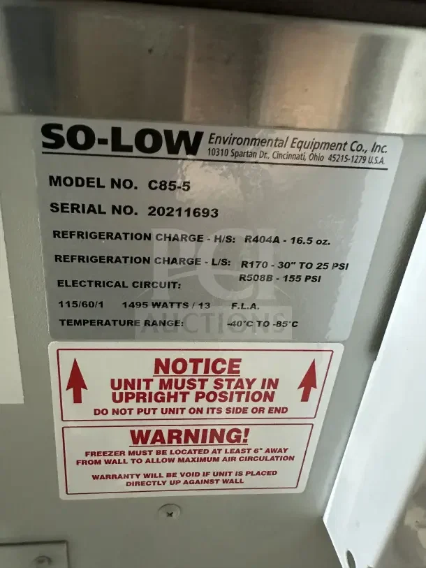 So-Low C85-5 Ultra-Low Temperature Chest Freezer label, Model: C85-5, SN: 20211693, 115V, warnings and specs visible.