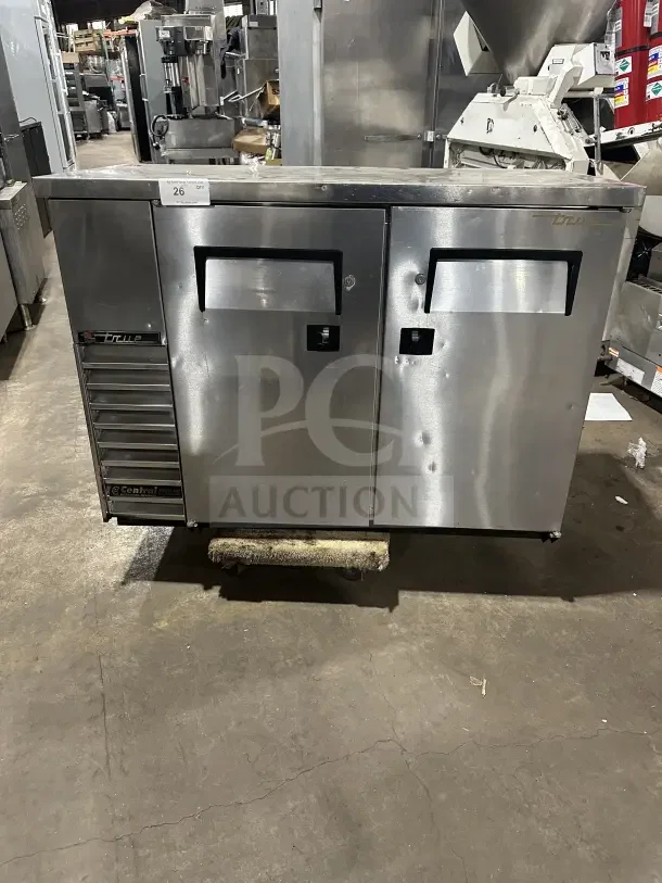 True TBB-24-48S 2-door stainless steel back bar cooler, black coated wire rack, 115V, 1 phase, solid condition.