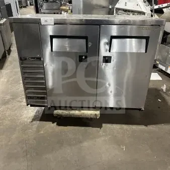 True TBB-24-48S 2-door stainless steel back bar cooler, black coated wire rack, 115V, 1 phase, solid condition.
