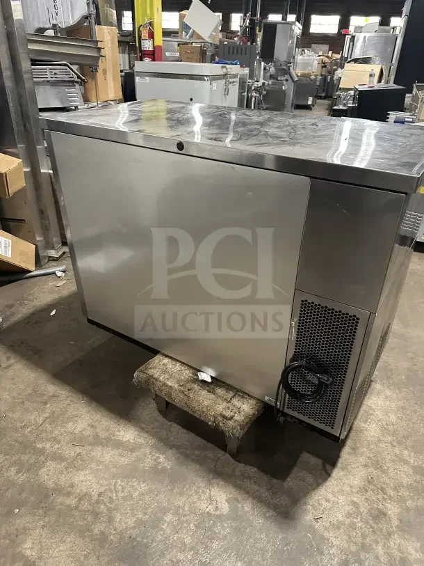 True TBB-24-48S commercial stainless steel 2-door back bar cooler with black coated wired rack. Model SN: 1-4627806.
