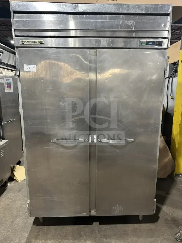Beverage-Air E-Series 2-door stainless steel refrigerator, model ER48-1AS, with poly coated wired rack, on legs.