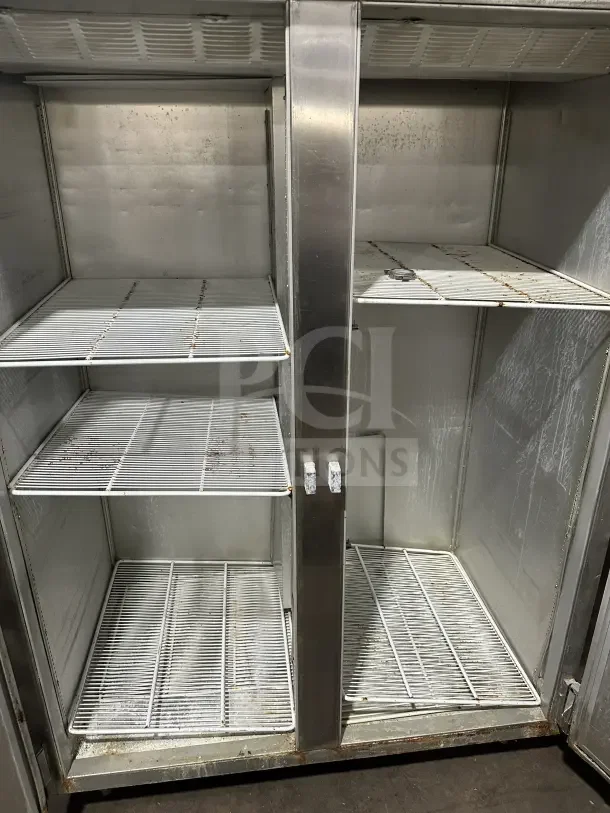 Beverage-Air E-Series stainless steel 2-door commercial refrigerator, model ER48-1AS, with poly-coated wire racks, on legs.