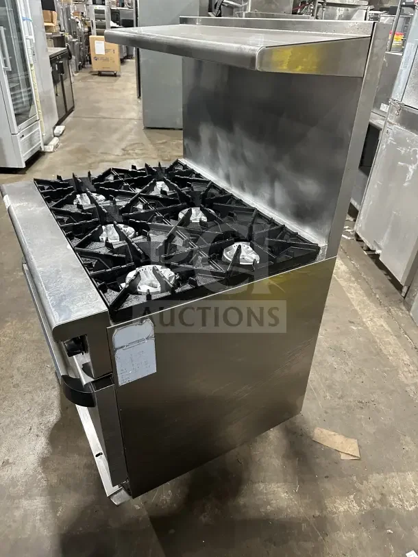 Radiance commercial 6-burner gas range with oven, stainless steel, includes wire rack, backsplash, and salamander shelf. On legs.