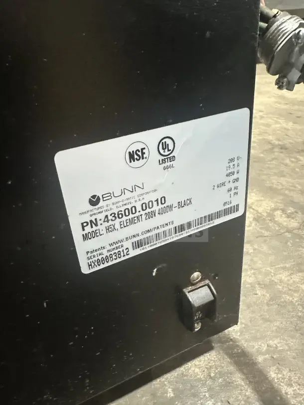 Bunn Model H5X stainless steel hot water dispenser label, 208V, 1 phase, digital temperature controls, serial HX00083812.