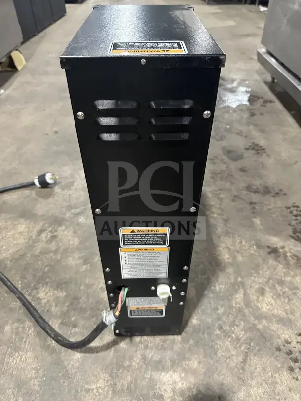 Bunn H5X Commercial Hot Water Dispenser, stainless steel, digital controls, 208V, 1 phase, serial HX00083812, warning labels visible.