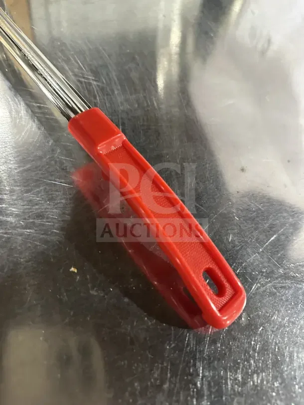 Brand new 2 oz stainless steel solid portion control spoon with red handle; commercial quality.