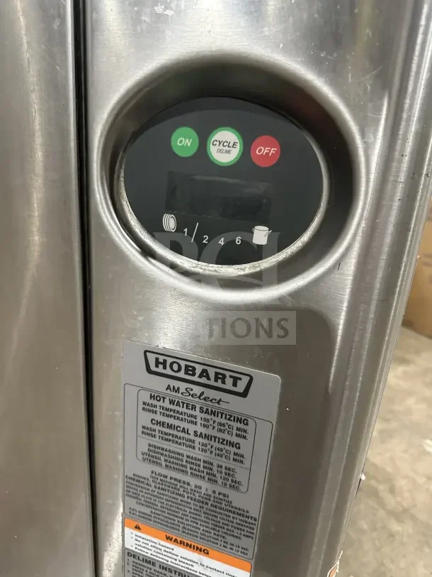 Hobart AM15 commercial dishwasher, ventless, stainless steel, electronic controls, hot/chemical sanitizing labels, model AM15, SN: 23-1078-818.