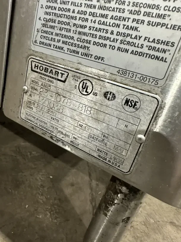 Hobart AM15 commercial stainless steel dishwasher, ventless, 208-240V 3 phase, on legs, UL and NSF listed, serial 23-1078-818.