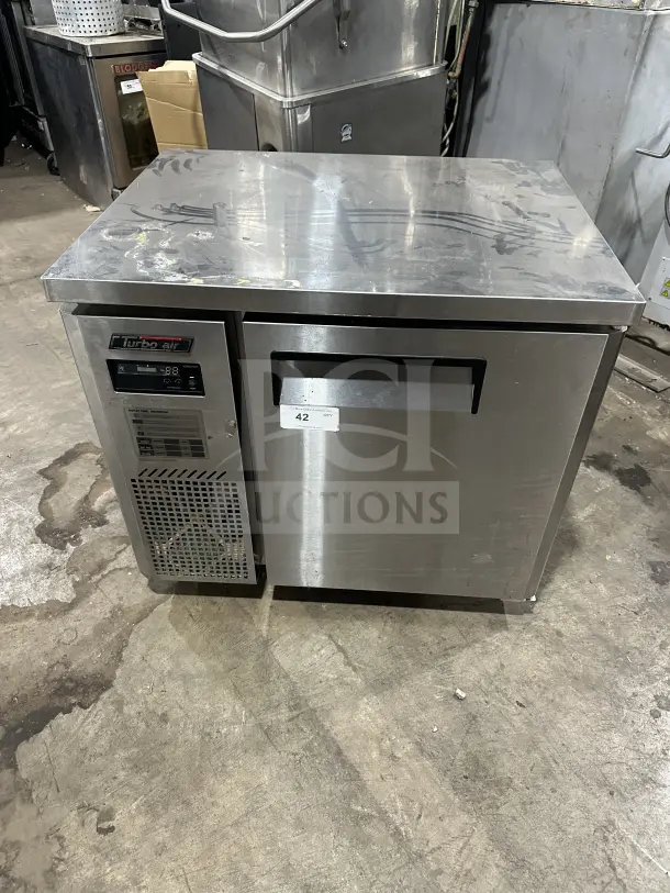 Turbo Air JUR-36 stainless steel undercounter refrigerator, side-mounted compressor, poly coated rack, 36", 115V, commercial use.