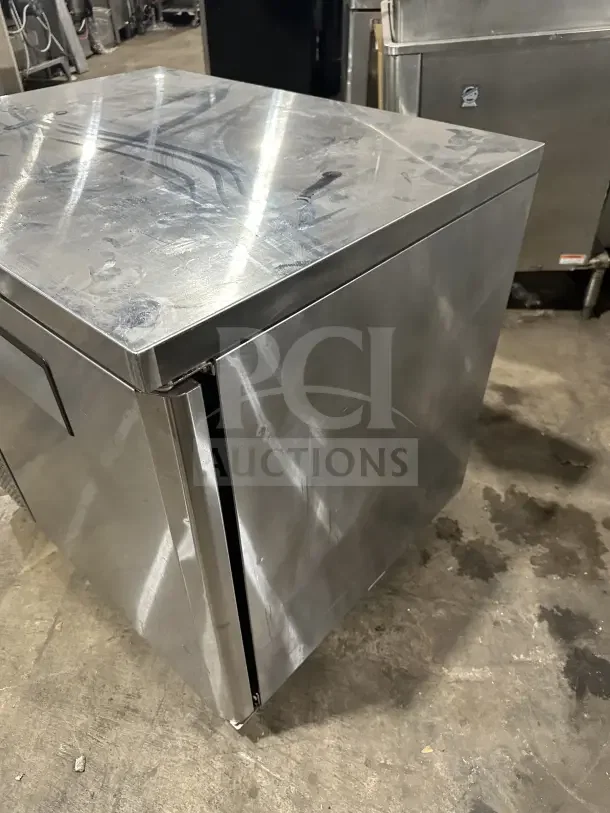 Turbo Air J-Series 36" stainless steel undercounter worktop refrigerator, model JUR36, with side-mounted compressor.