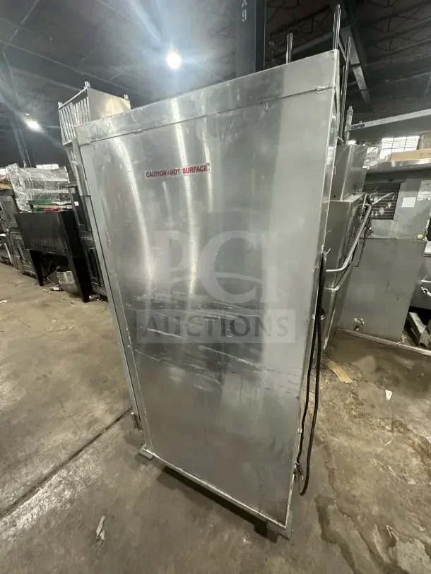 Avantco stainless steel heated holding cabinet, model 177HPI1836, with clear door, pan slides, 120V, on casters.